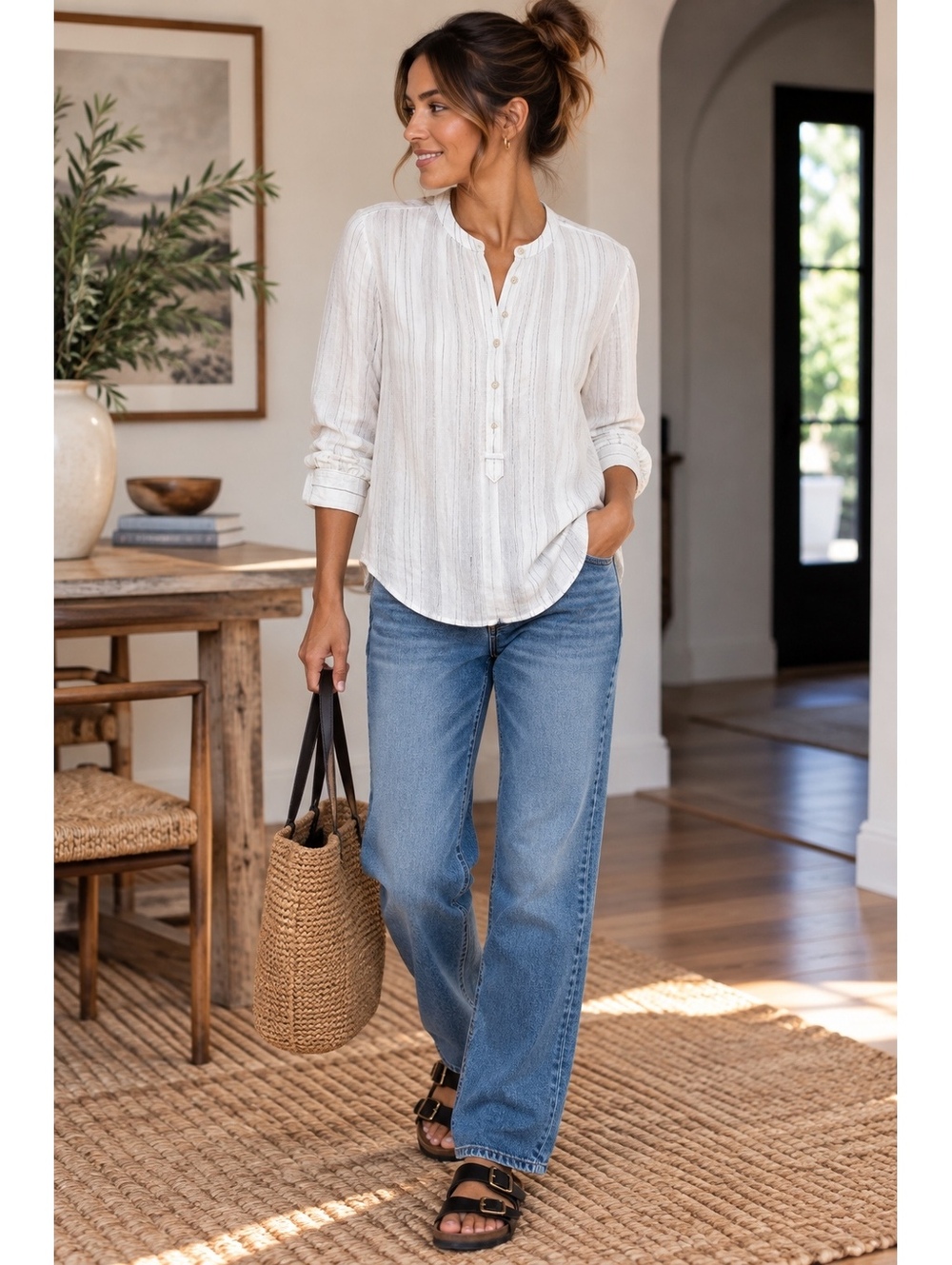 LOFT White Striped Long Sleeve Button-Up Blouse Size Small